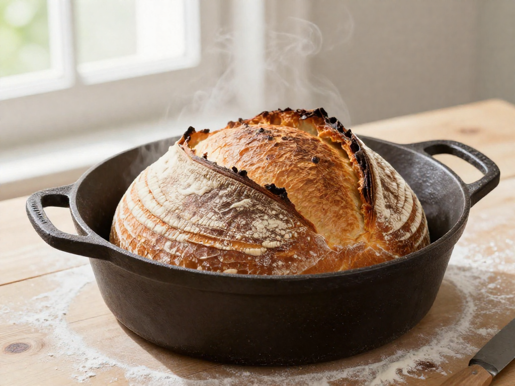 A freshly baked round sourdough loaf with a crisp golden blistered crust revealed inside an open cast iron Dutch oven