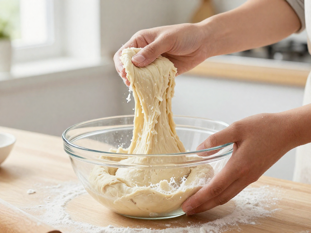Close-up of hands performing a stretch-and-fold on sticky sourdough dough in a glass bowl, showing no mixer is needed