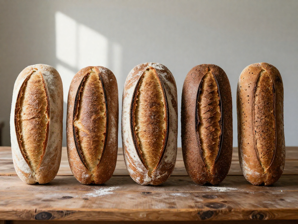 A row of five sourdough bread loaves on a wooden table, each showing different crust colors and shapes from different flour types.