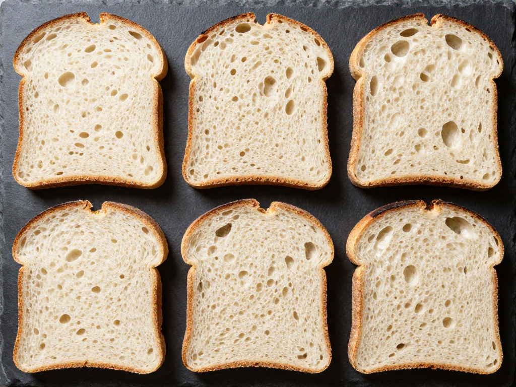 Grid of five sourdough bread slices arranged on a dark slate board, showing different crumb structures from various flours.