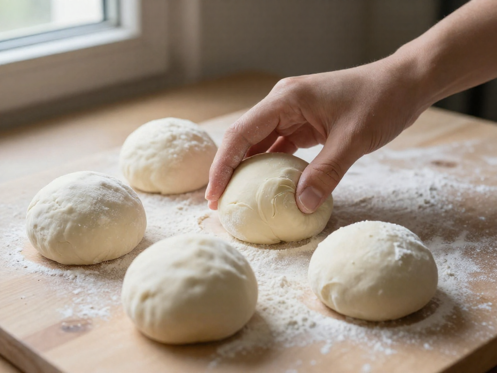 Five balls of dough on a floured surface, with a hand pressing one, demonstrating texture differences among flours.