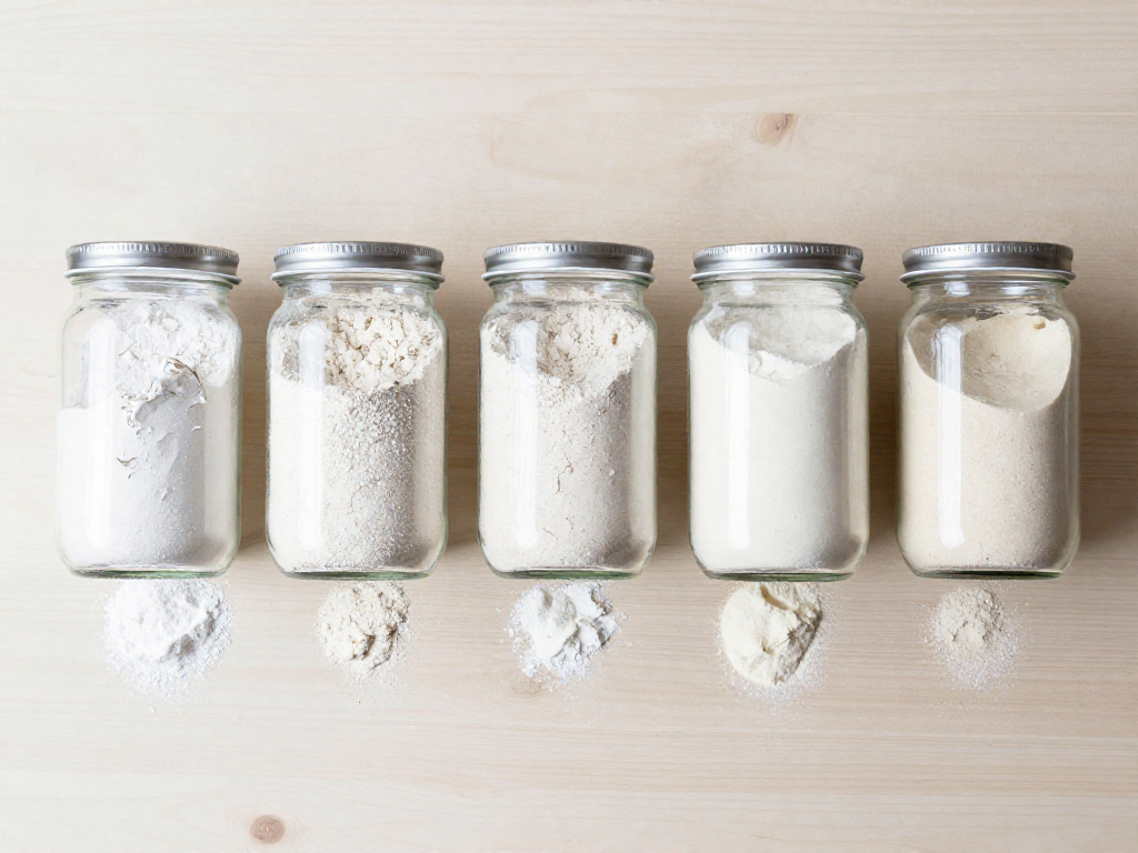 Glass jars of different flours arranged by protein content, with small bread crumb samples in front of each jar.