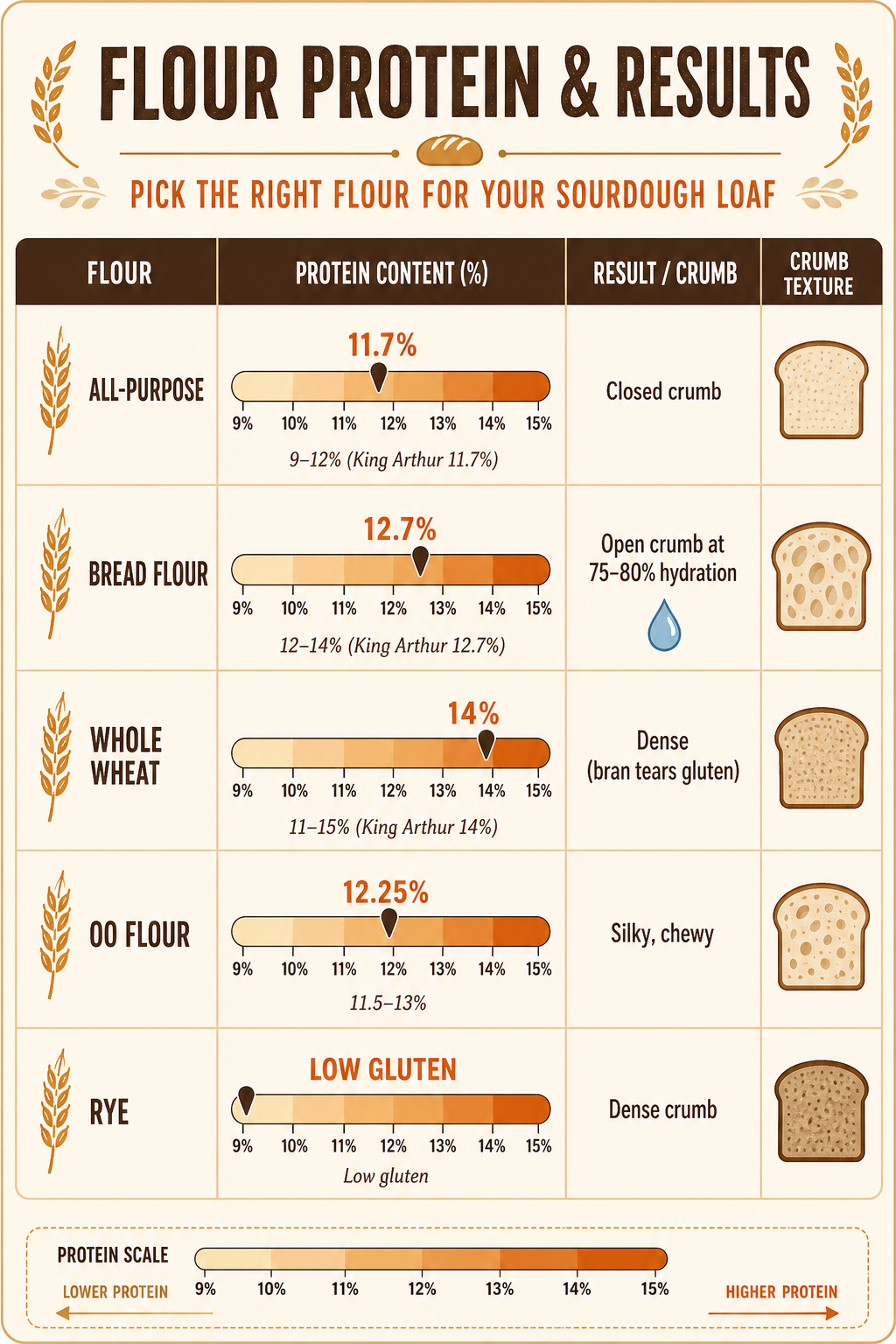 Infographic comparing sourdough flour types: All-Purpose (9-12% protein, closed crumb), Bread Flour (12-14%, open crumb with high hydration), Whole Wheat (11-15%, dense), 00 Flour (11.5-13%, silky), and Rye (low gluten, dense). Includes visual protein bars and crumb icons.