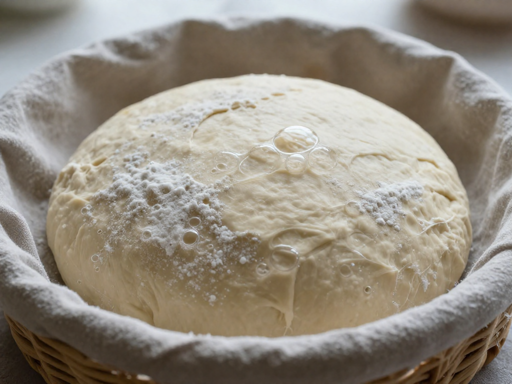 Over-proofed sourdough dough in a banneton basket showing a flat, spreading shape and thin surface bubbles.