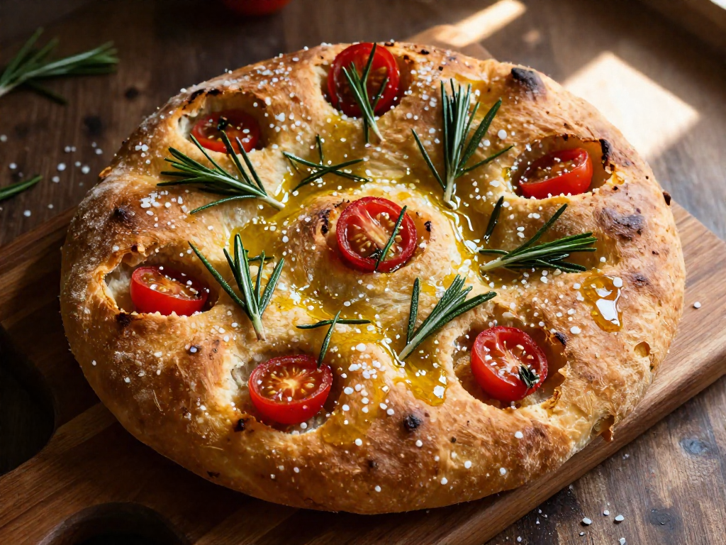 Golden focaccia bread studded with rosemary and sea salt, made from dough that had collapsed, on a wooden cutting board.