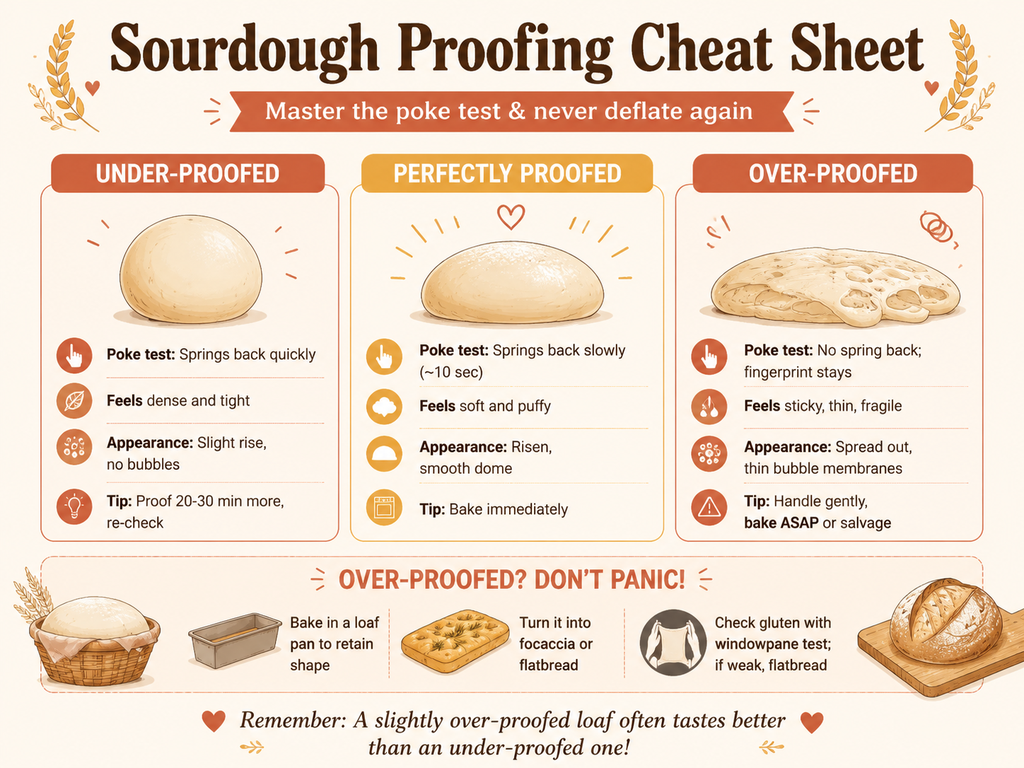 Infographic titled 'Sourdough Proofing Cheat Sheet' comparing under-proofed, perfectly proofed, and over-proofed dough using the poke test. Under-proofed: springs back quickly, feels dense. Perfectly proofed: springs back slowly, soft and puffy. Over-proofed: no spring back, sticky and fragile. Includes salvage tips: bake in loaf pan or make focaccia.