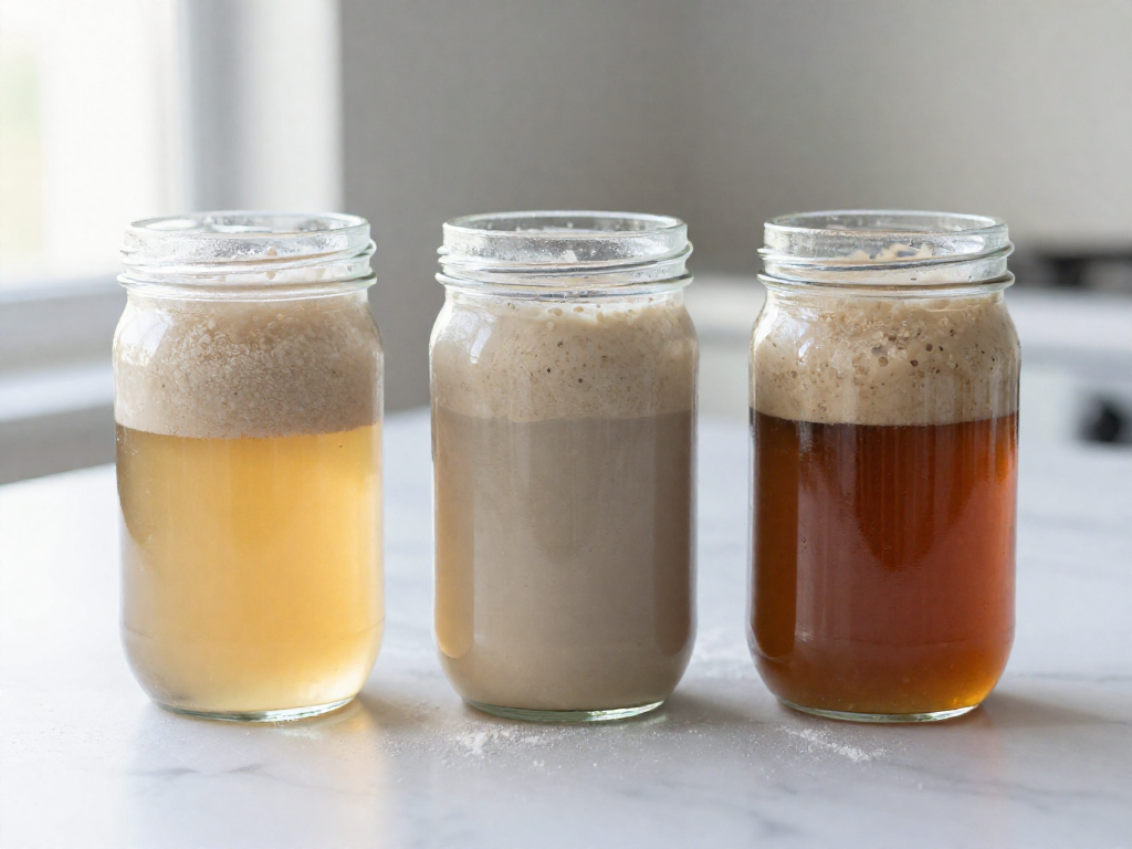Three jars of sourdough starter showing clear, gray, and brown hooch liquid on top
