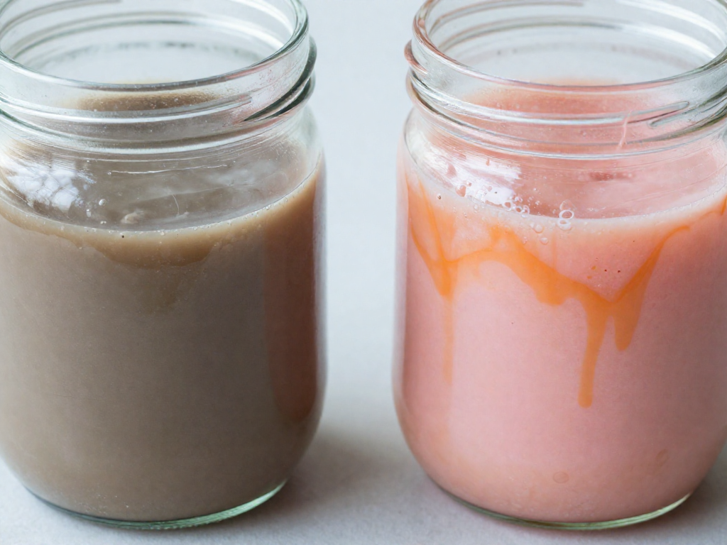 Close-up comparison of normal dark hooch versus dangerous pink and orange streaks on sourdough starter