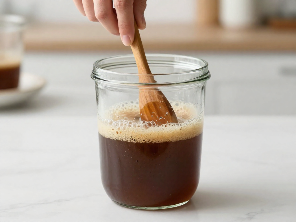 A hand stirring hooch back into a bubbly sourdough starter with a wooden spoon