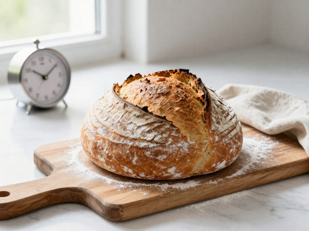 Golden freshly baked sourdough loaf on a wooden board beside a kitchen timer in bright natural light