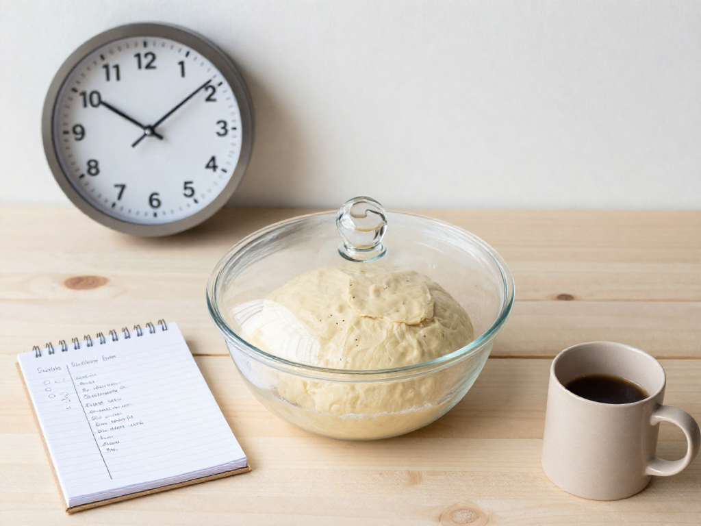 Proofing dough in a glass bowl next to a clock and handwritten schedule notepad