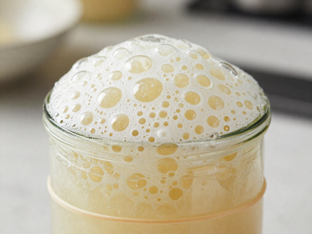 Bubbly peaked sourdough starter in a glass jar with a rubber band marking the rise