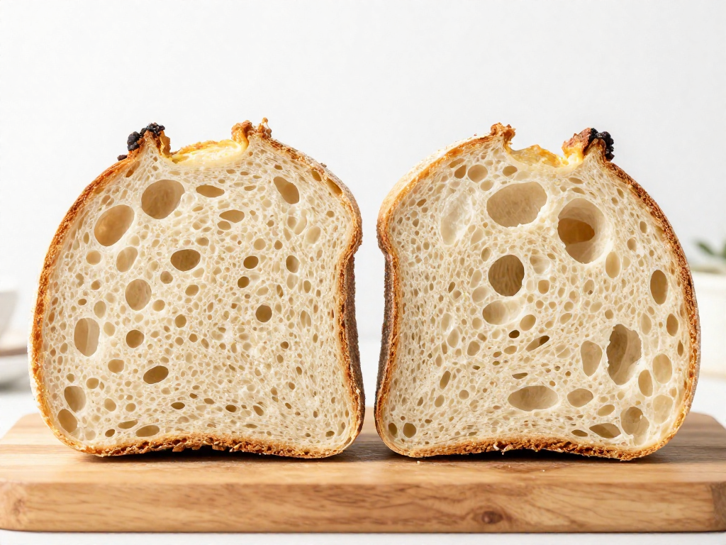 Side-by-side sourdough crumb comparison showing dense underproofed versus open properly proofed texture