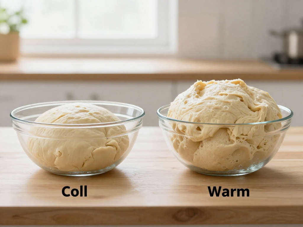 Two bowls of sourdough dough side by side, one barely risen at cool temperature and one tall and bubbly at warm temperature