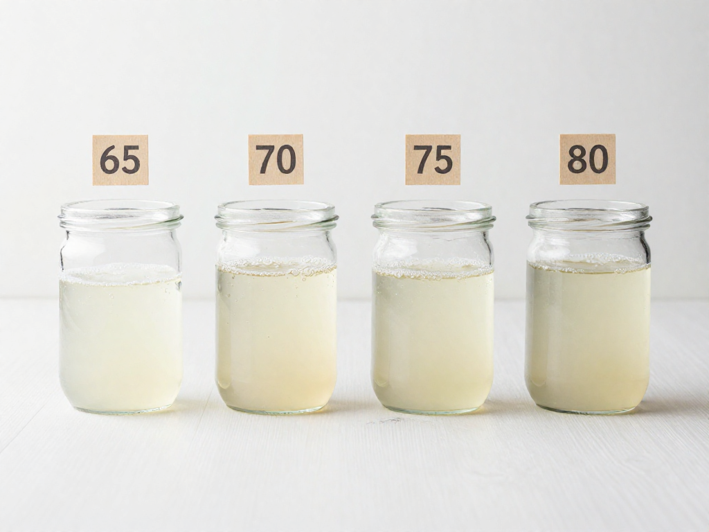 Four sourdough starter jars in a row showing increasing fermentation activity at 65, 70, 75, and 80 degrees Fahrenheit