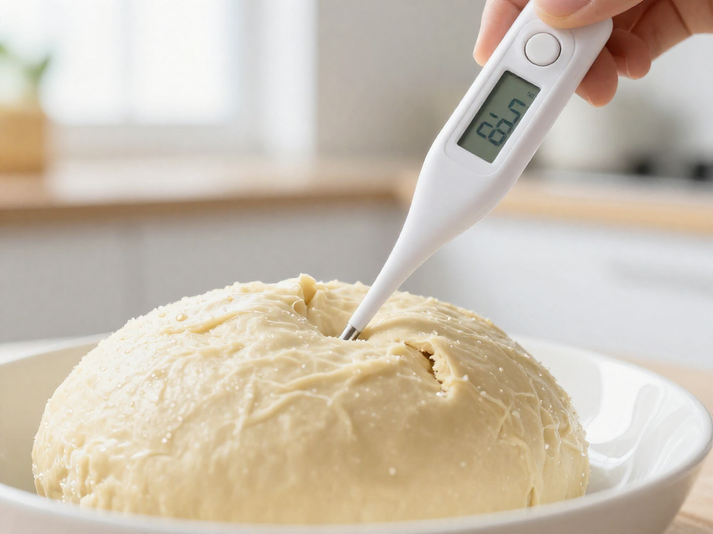 A digital thermometer probe inserted into sourdough dough to measure its temperature