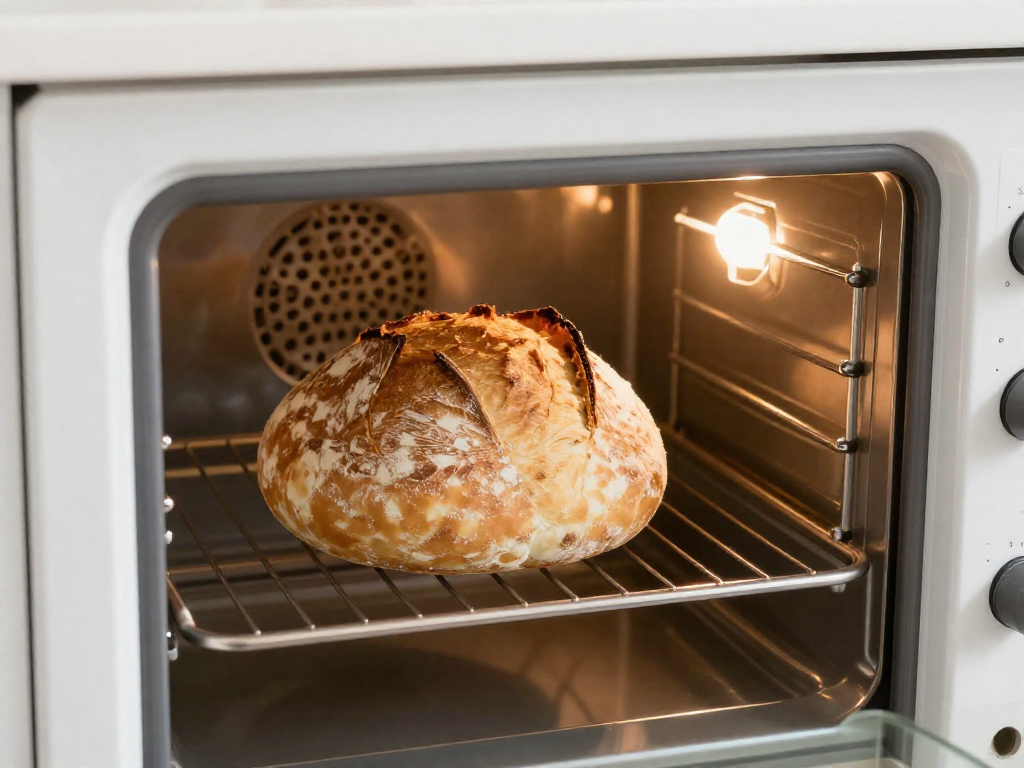 A covered bowl of sourdough dough proofing inside an oven with the light on for gentle warmth