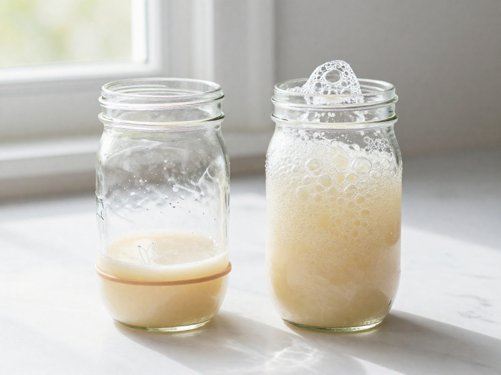 A flat hungry sourdough starter beside a bubbly peaked starter in two jars with rubber bands marking the rise