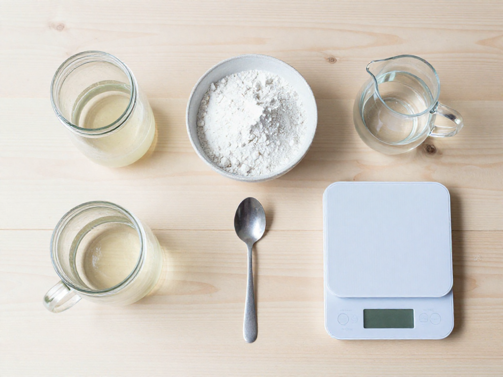 Overhead flat lay of sourdough starter feeding supplies including flour, water, jar, scale, and spoon