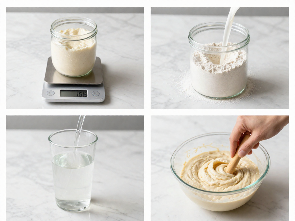 Four-step photo grid showing weighing, adding flour, adding water, and stirring a sourdough starter
