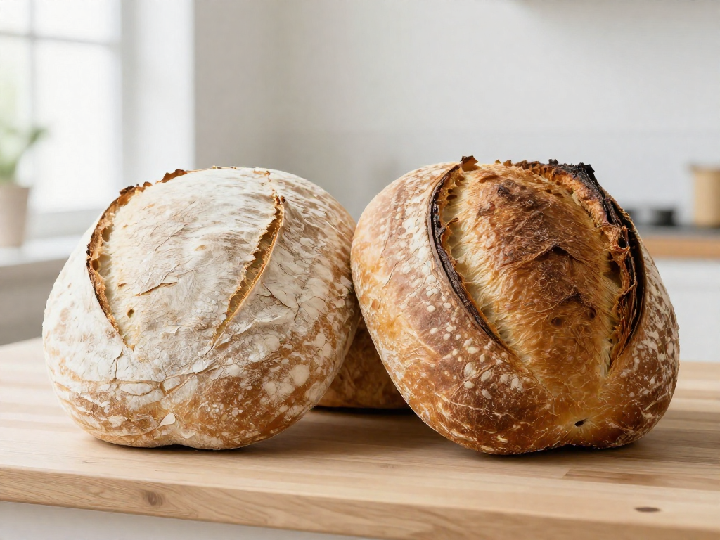 A pale flat sourdough loaf beside a glossy golden well-steamed sourdough loaf on a wooden counter