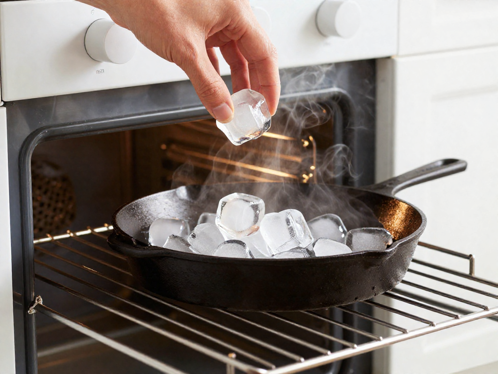 A hand adding ice cubes to a hot cast iron skillet on an oven rack to create steam