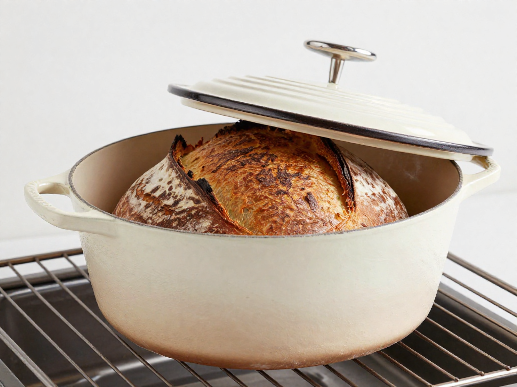 A Dutch oven with the lid off showing a browning sourdough loaf baking inside