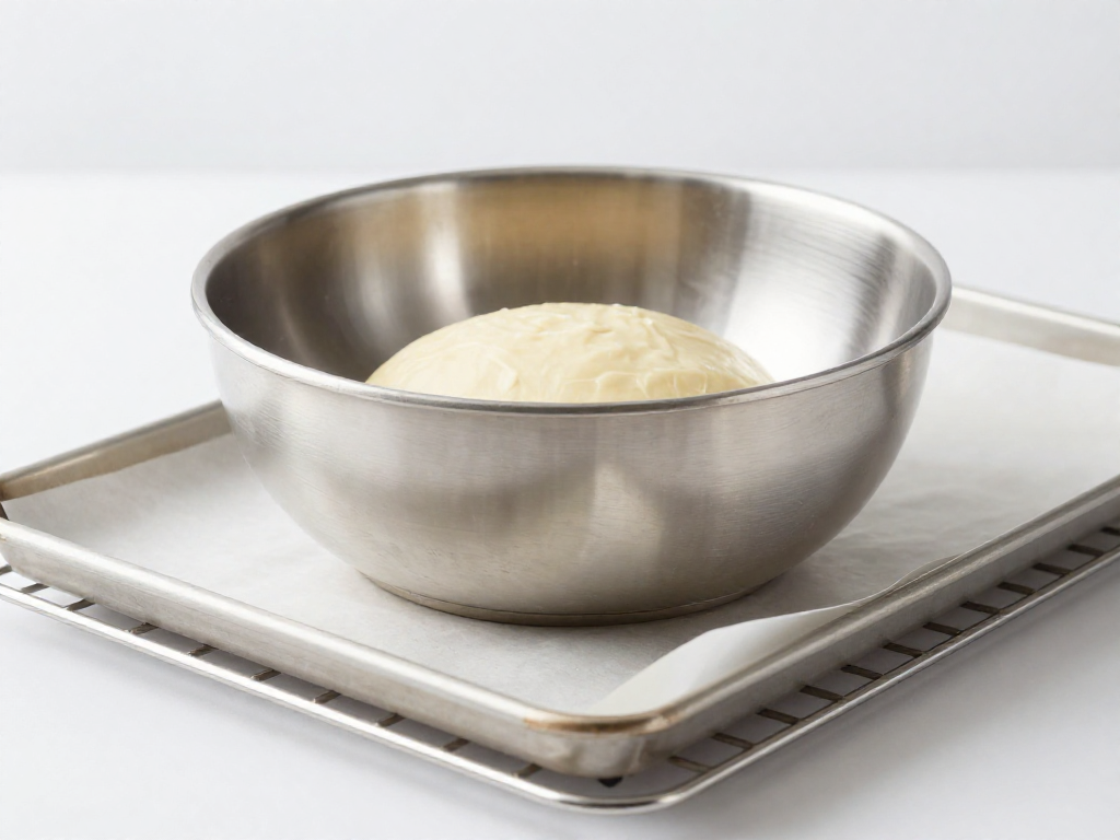 A stainless steel bowl inverted over a dough loaf on a sheet pan to trap steam while baking