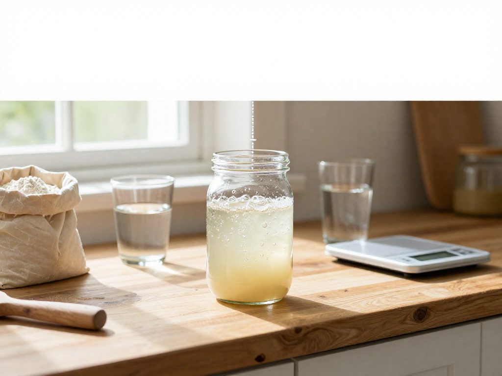 Vertical sourdough starter guide pin showing a bubbly starter jar with flour, water, and a scale on a wooden counter with space for a title