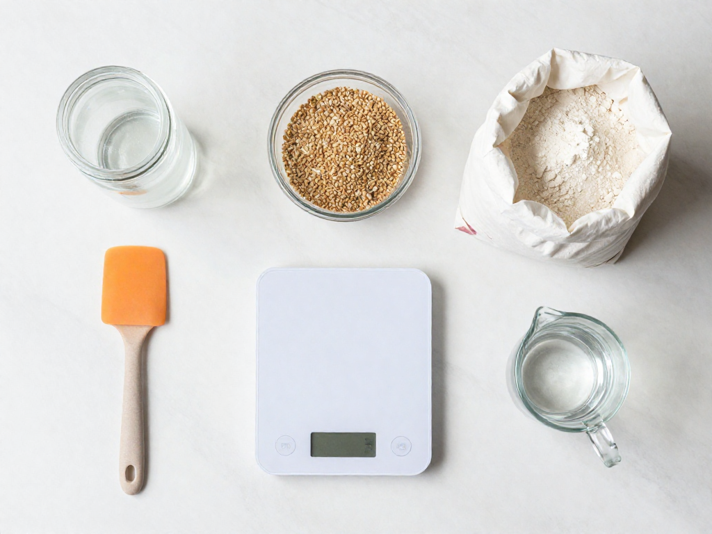 Overhead flat-lay of sourdough starter supplies including a glass jar, kitchen scale, flour, water, and spatula