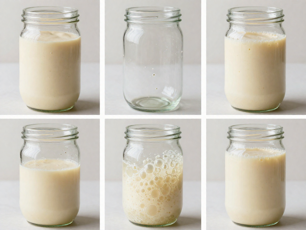 Grid of six glass jars showing sourdough starter activity progressing from day 1 to day 14