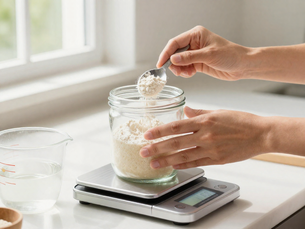 Hands feeding a sourdough starter in a glass jar on a kitchen scale with flour and water measurements visible