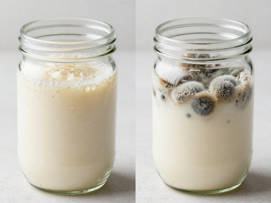 Side-by-side comparison of a healthy bubbly sourdough starter and a starter with visible mold