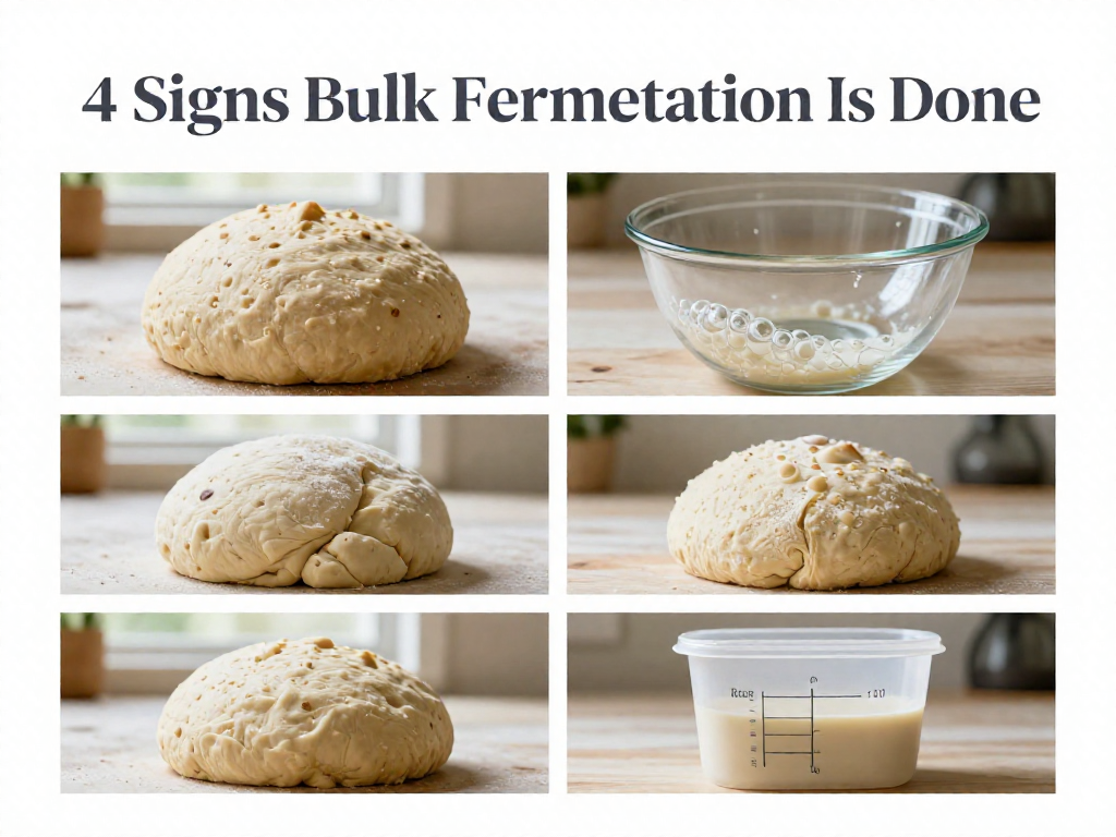 Vertical infographic titled '4 Signs Bulk Fermentation Is Done' showing four sourdough dough cues in stacked photo panels.