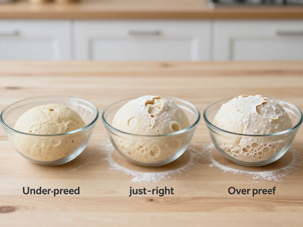 Three glass bowls of sourdough dough compared side by side showing under-proofed, just-right, and over-proofed stages.