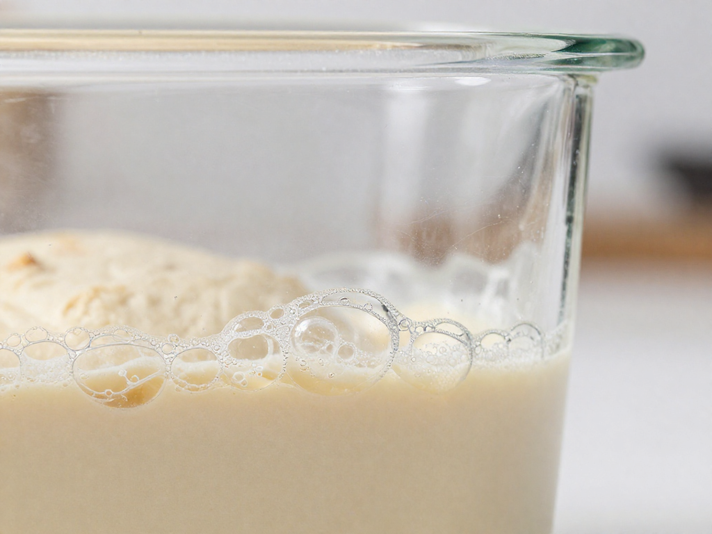 Macro close-up of sourdough bubbles clinging to the side of a clear glass fermentation container.
