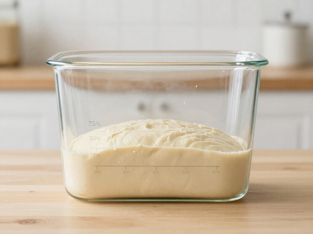 Clear glass container of sourdough dough marked with 30%, 50%, and 75% rise lines.