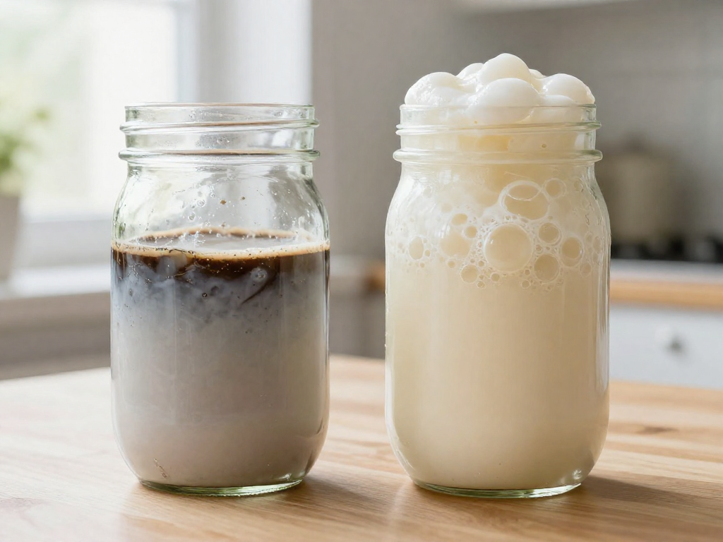 A neglected flat sourdough starter with hooch next to a bubbly, active revived starter in glass jars