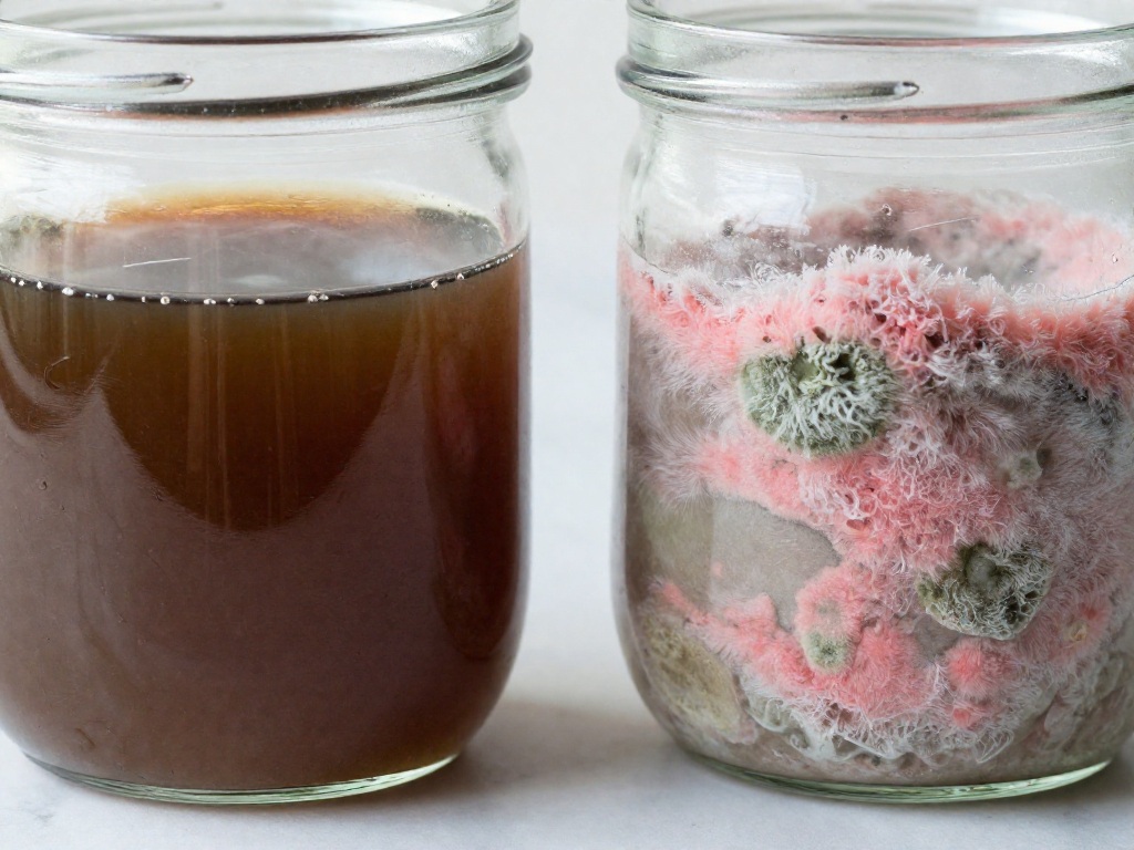 Close-up comparison of safe liquid hooch versus unsafe fuzzy mold on sourdough starter