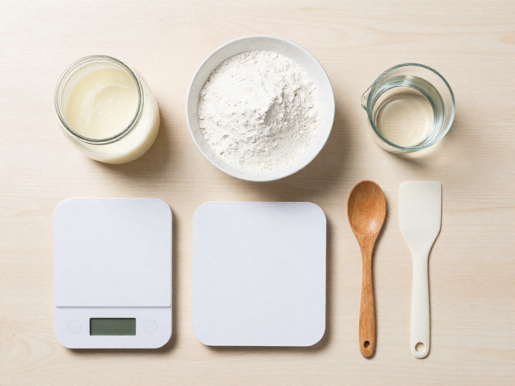 Overhead flat lay of sourdough starter feeding supplies: jar, flour, water, scale, and spoon