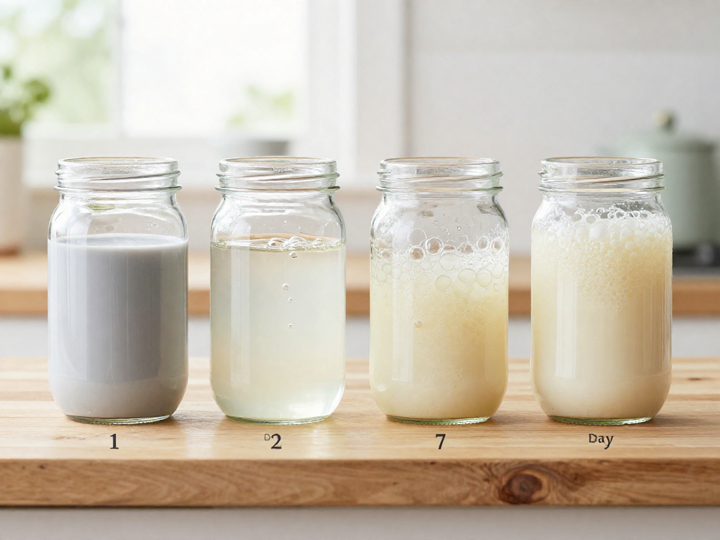 Four jars showing a sourdough starter reviving from flat on Day 1 to bubbly and doubled by Day 7