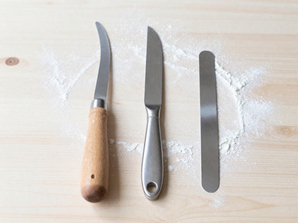A bread lame, paring knife, and razor blade arranged side by side on a floured wooden surface