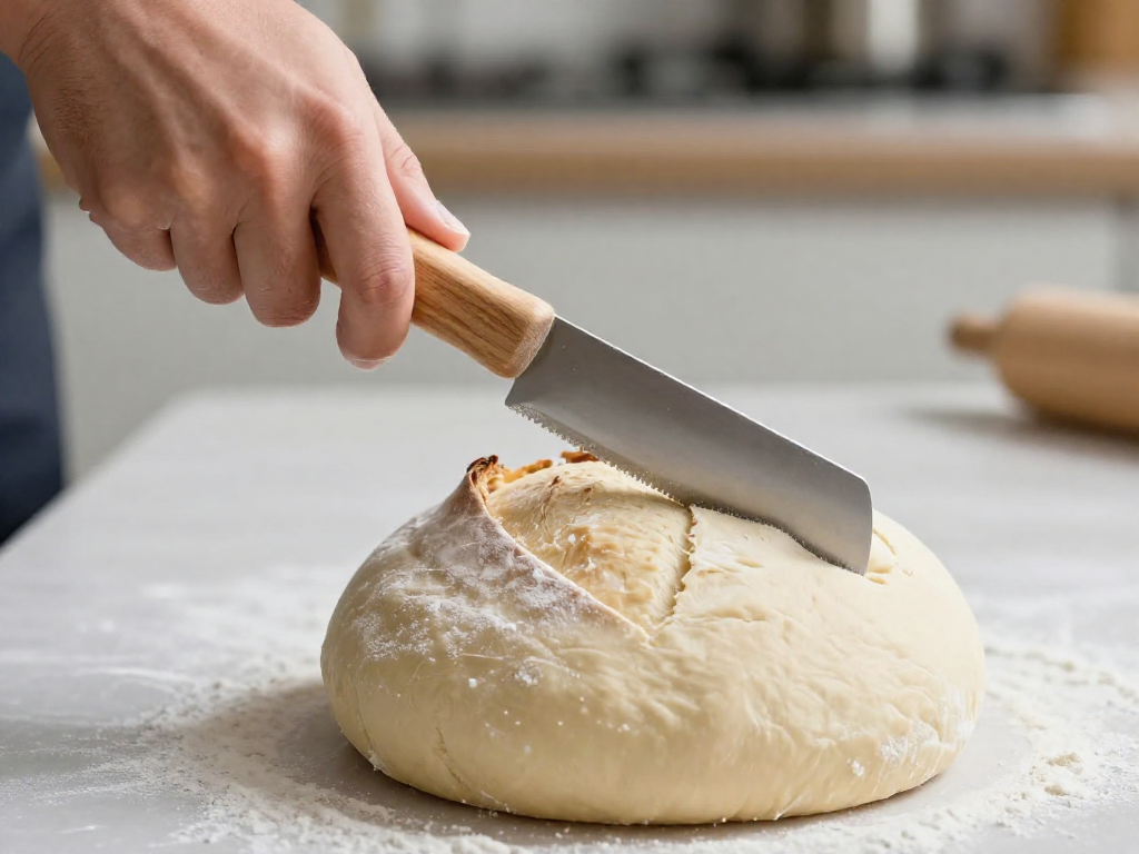 A hand holding a bread lame at a 45-degree angle over a round sourdough dough ready for scoring
