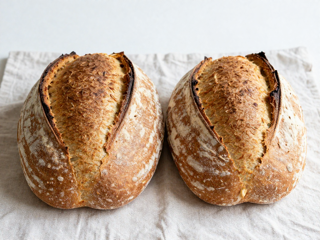 A well-scored sourdough loaf with a raised ear next to an unscored loaf that burst on the side