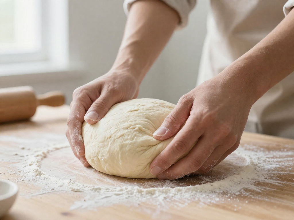 Close-up of hands dragging sourdough dough on a floured counter to build tension