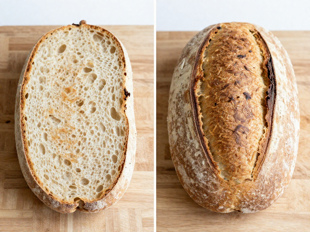 Comparison of a flat under-shaped loaf next to a tall round boule