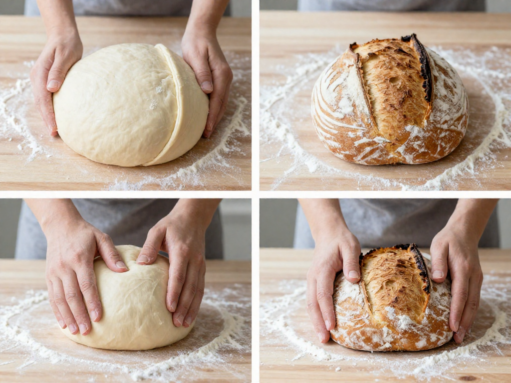 Four-step grid showing folding dough into the center then dragging and rotating
