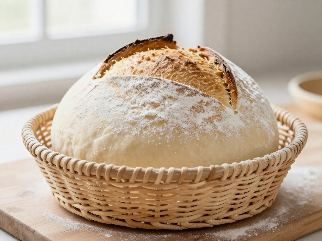 Shaped sourdough boule resting seam-side up in a floured banneton