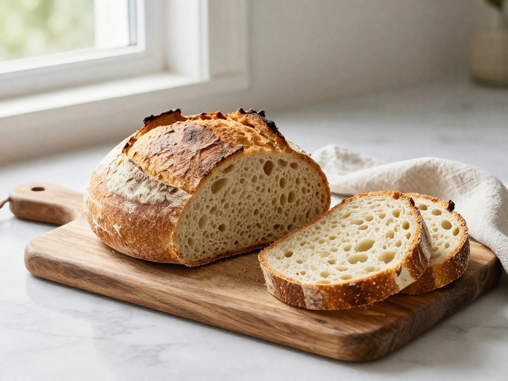 Sliced sourdough loaf stored cut-side down on a wooden board on a kitchen counter