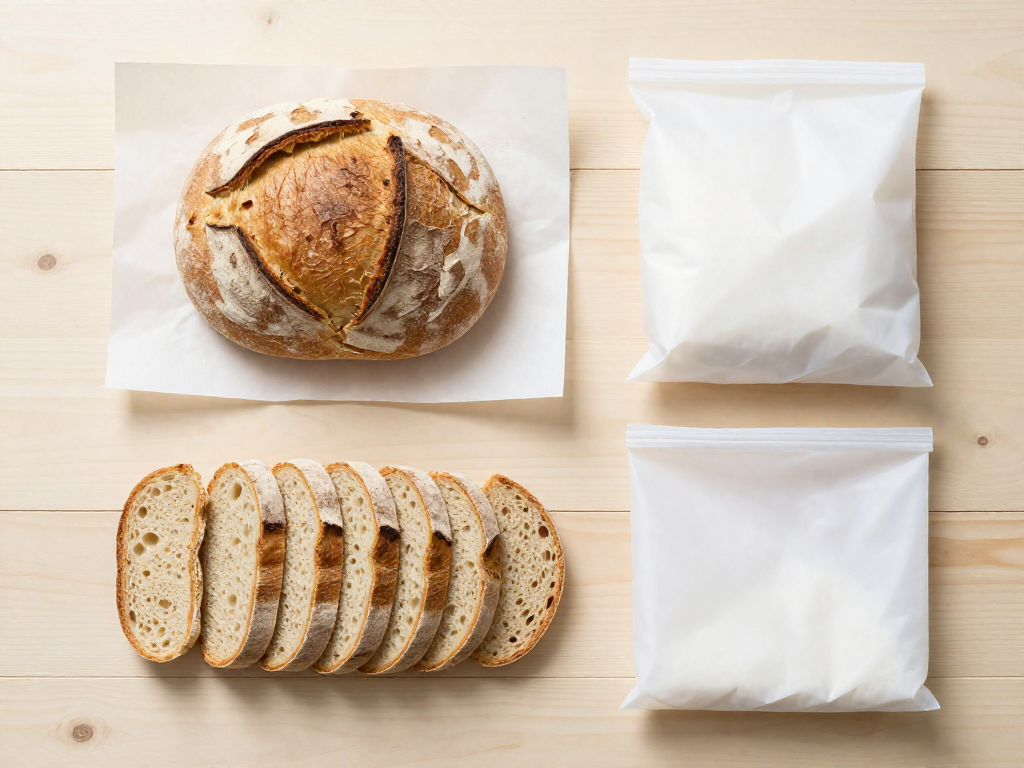 Flat lay of wrapping a sourdough loaf in parchment next to slices and a freezer bag for freezing